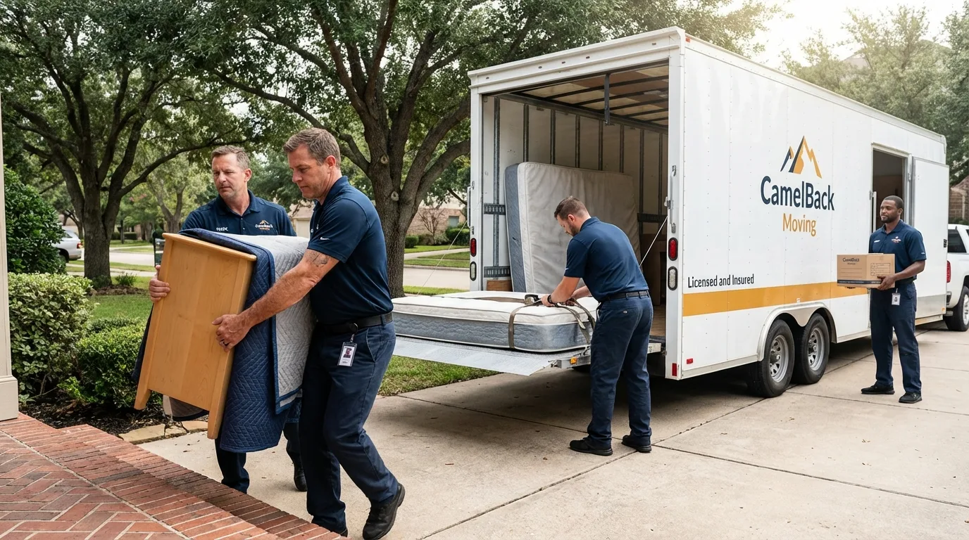 Crew loading residential truck for cross-state move from Liberty Hill, TX
