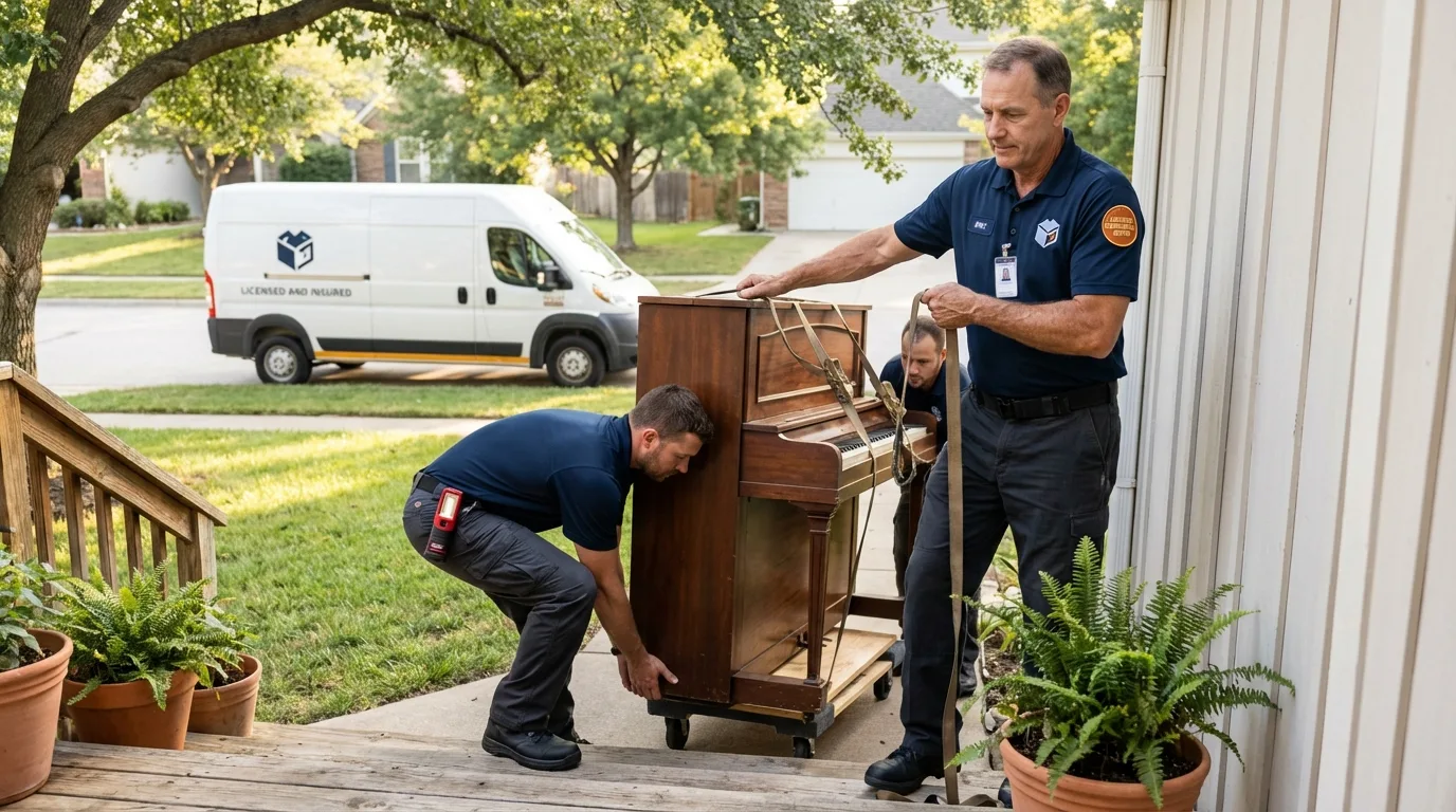Licensed piano movers securing grand piano in Liberty Hill, TX