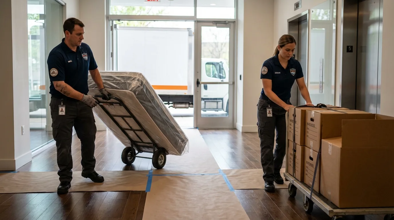 Professional apartment movers loading elevator in Liberty Hill, TX